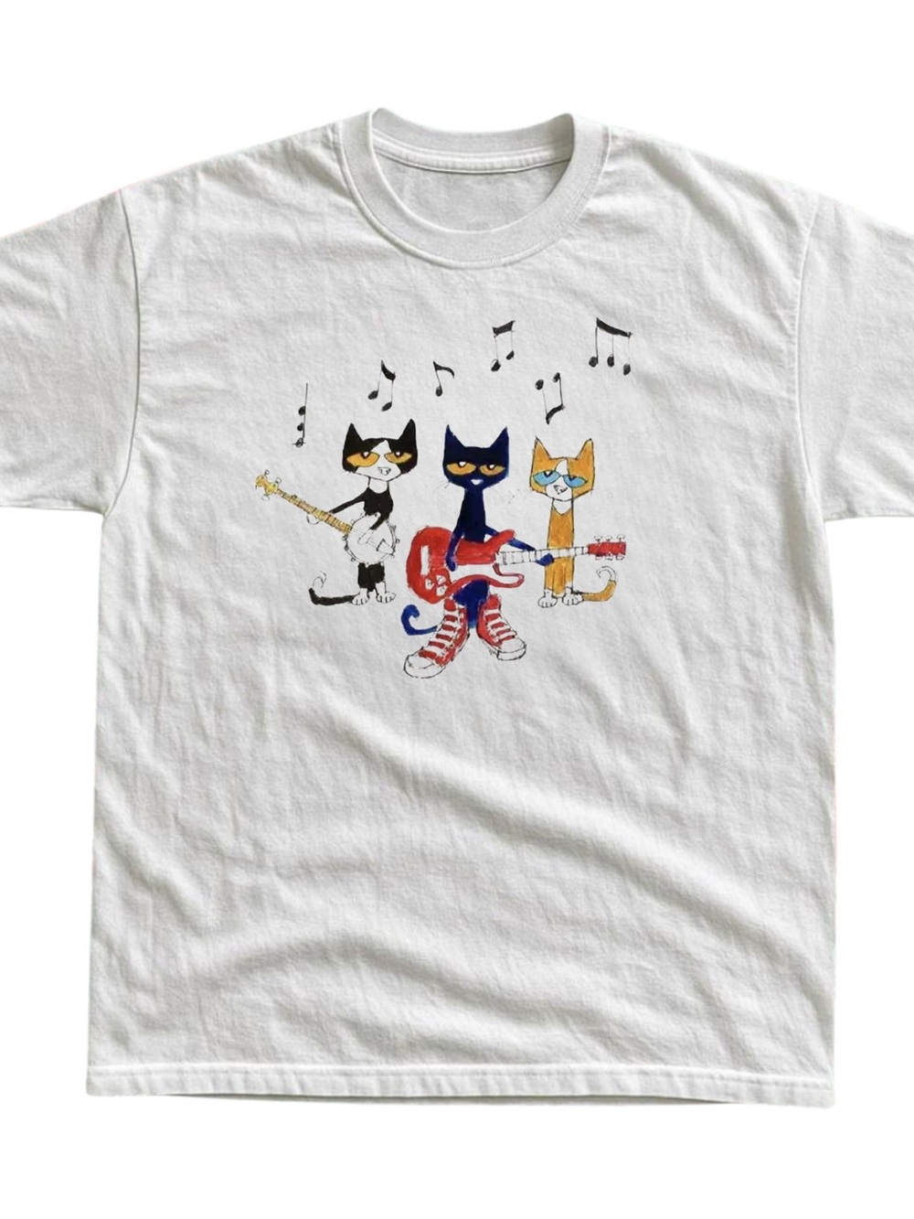 Gildan White Graphic Tee with Three Cat Band Illustration